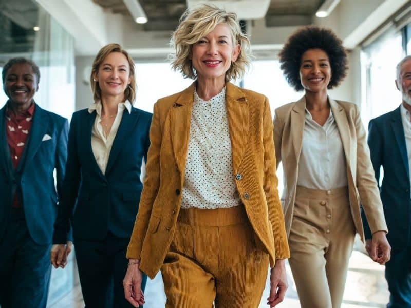 Confident business leader walking with a diverse executive team in a modern office
